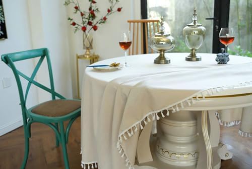 Round Tablecloth Cotton Linen, Beige Tablecloth 71" L x 71" W Washable
