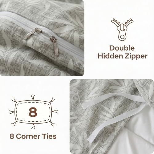 Herside King Duvet Cover Set,100% Cotton Double Gauze,Gray Botanical