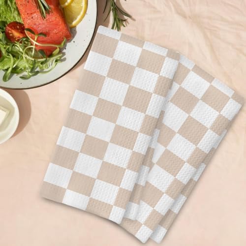 Beige and White Checkered Plaid Hand Towels for Bathroom Set of 2,Soft