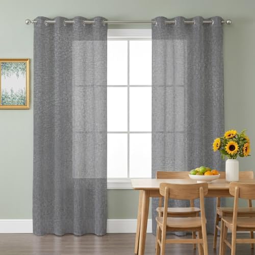 Gray Grain Texture Sheer Curtains 63 Inch Long 2 Panels, Vintage