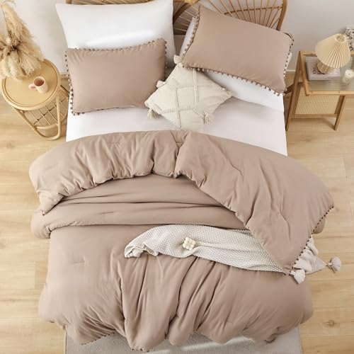 YIRDDEO King Size Comforter Set, Taupe Ball Pom Fringe Bedding Set