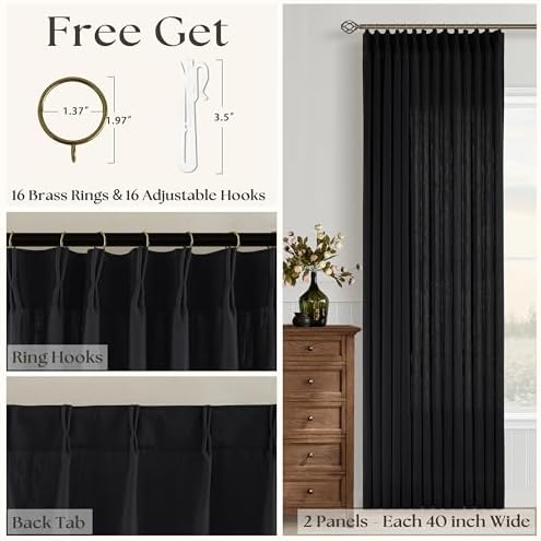 Black Pinch Pleated Semi Sheer Linen Curtains 84 Inch Long for Bedroom