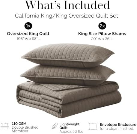 Oversized King Quilt w/ 2 Matching Quilted Pillow Shams, Dark Taupe