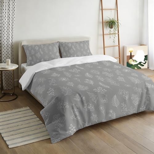 3 Pieces Bedding Set King Size, Grey Botanical Soft Duvet Covers Set