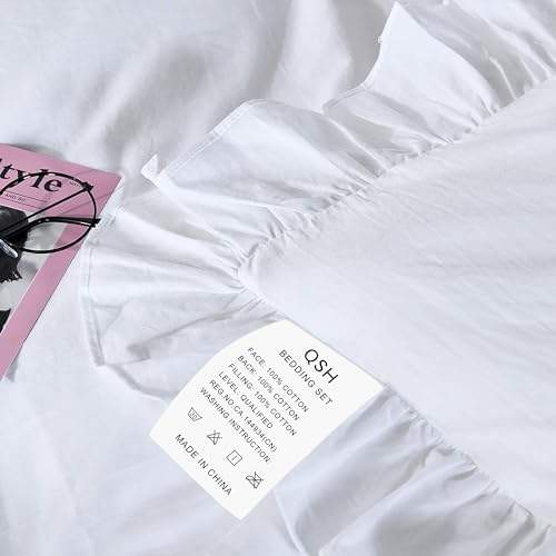 QSH White Ruffle California King Duvet Cover, Washed Cotton Farmhouse