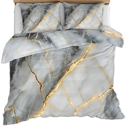 Queen Size Duvet Cover Set, Abstract Marble Print Duvet Cover, Grey