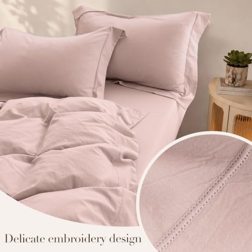 Duvet Cover Set Washed Cotton Embroidered Hem Queen 3‐Pcs