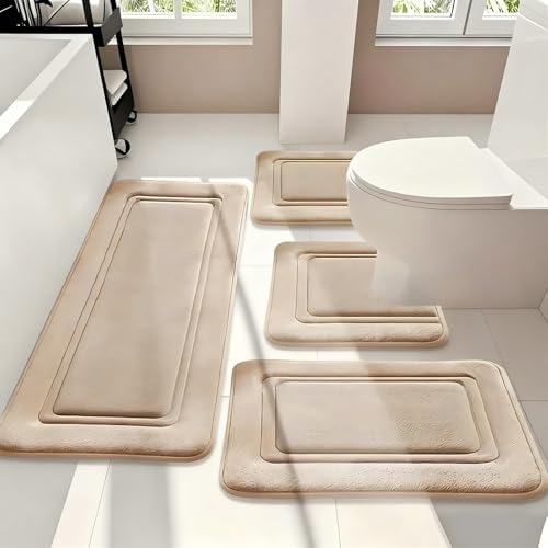 Bathroom Rug Set 4 Pieces, Soft Absorbent Bath Runner and U-Shaped