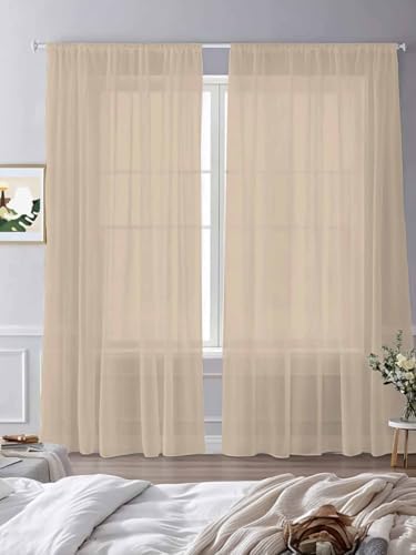 Solid Color Sheer Curtains 108 Inches Long 2 Panels, Semi Sheer Rod