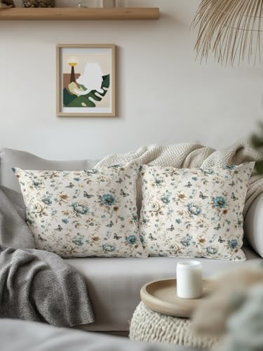 Vintage Tulip Throw Pillows 18x18 Set of 2, Teal Flowers Butterfly