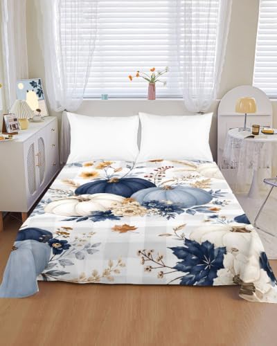Cal King Size Flat Sheet Only, Thanksgiving Fall Pumpkin Flower Bed