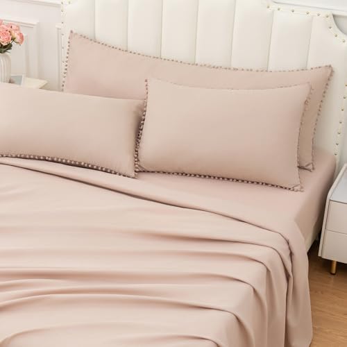 Pom Poms Pillow Shams King Size Set of 2, Taupe Decorative Pillowcases
