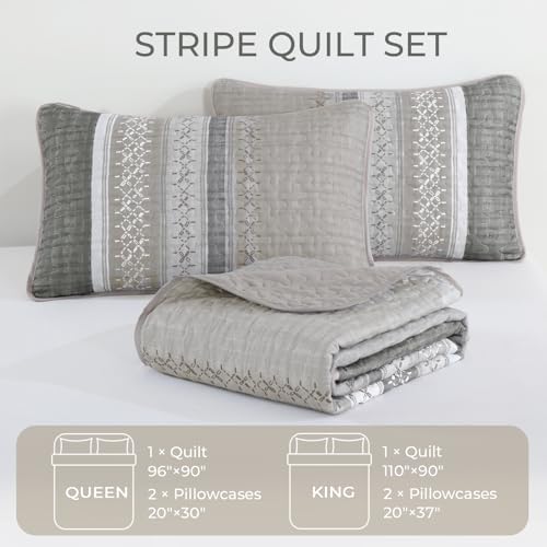 Cottolester Quilt Set Queen,Taupe Grey Striped Patchwork Bedspread