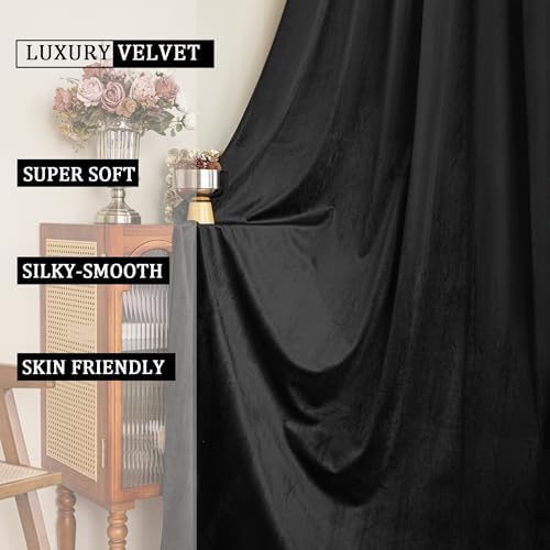 YOFUN Black Back Tab Velvet Blackout Curtains W52xL120, 2Pcs