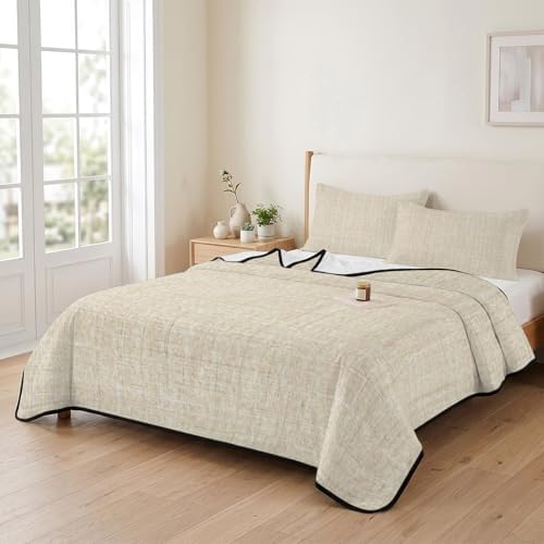 Teamery Queen Quilt Bedding Set Minimalist Beige Aesthetic Breathable
