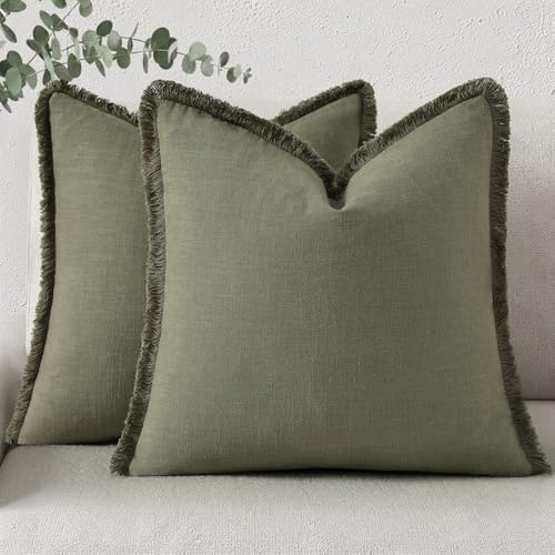 decorUhome Linen Fringe Olive Green Throw Pillow Covers 22x22 Set of 2