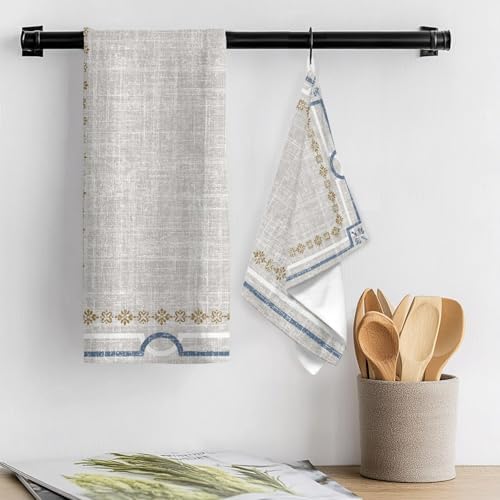 Ivory White Farmhouse Kitchen Towel Linen Texture Geometric Lines