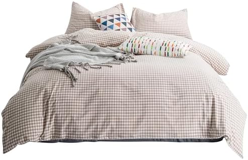 SUSYBAO Tan Gingham Duvet Cover Queen 100% Washed Cotton Beige Plaid