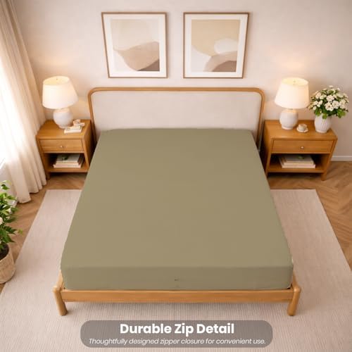 Queen Size Microfiber 1 PC Zipper Fitted Sheet 16 Inch Deep, Taupe