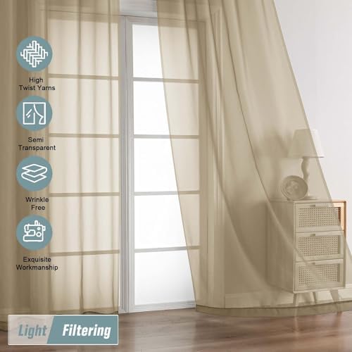 Taupe Sheer Curtains 84 Inches Long 2 Panels, Elegant Airy Transparent
