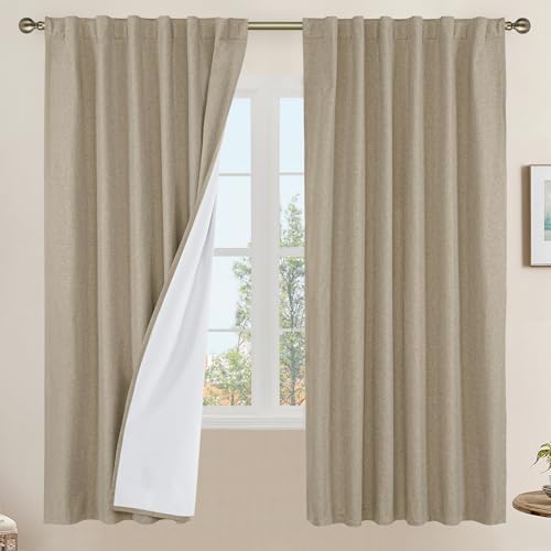 LAMIT Taupe 100% Blackout Linen Curtains 72 Inches for Living Room