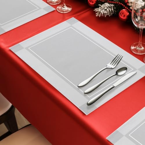 Light Grey Plaid Placemats Set of 8, Cotton Linen Fabric Place Mats