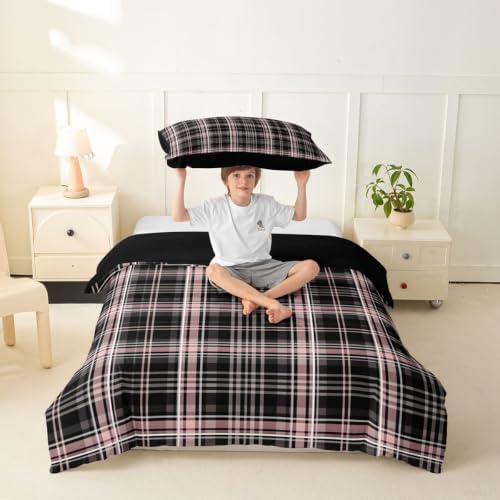 Manfei Tartan Grid Girls Bedding Set Twin Size, Line Plaid Checkered