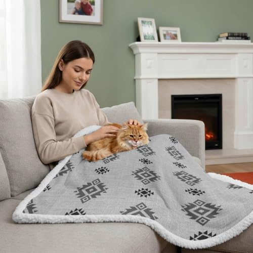 Fleece Sherpa Bed Blankets, Grey Boho Microfiber Plush Flannel Throw