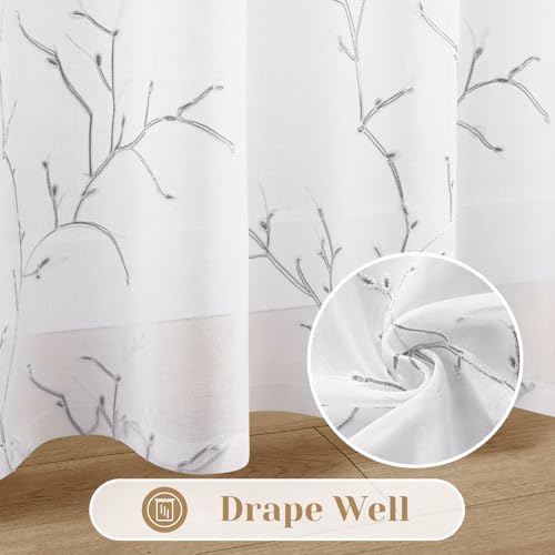 HOMEIDEAS White and Grey Sheer Curtains 52 X 63 Inches Length, 2