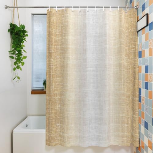 Sand Beige Ombre Shower Curtain Rustic Linen Texture Waterproof Fabric