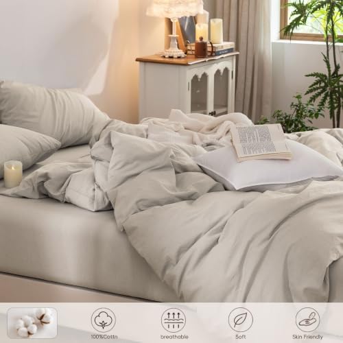 Duvet Cover Set 100% Washed Cotton Linen Feel 3‐Pcs Full