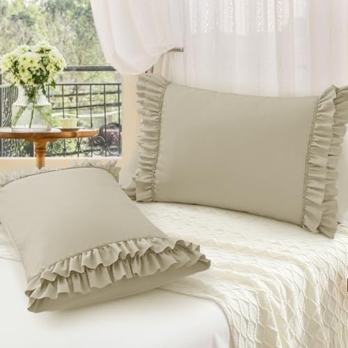 RUDONG M Ruffled Pillow Cases Set of 2, King, 20x36 Inches, Beige