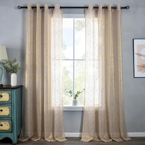 Taupe Sheer Curtains with Gold Foil Dots, Grommet, 2 Panels