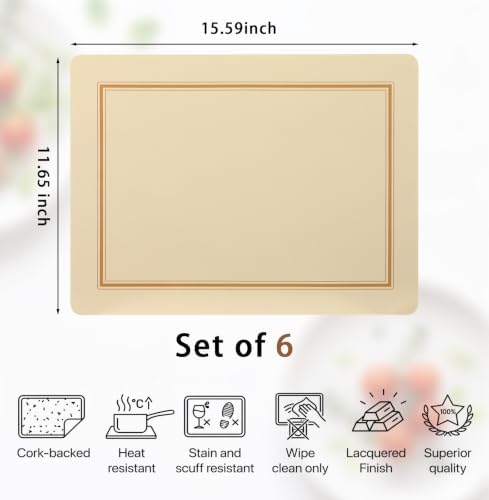 6 Sets Classic Cork Placemats Backed Placemats Cream