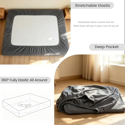 BISELINA Deep Pocket Fitted Sheet 100% Washed Cotton King Size, Fits