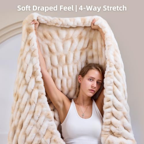 Double Sided Ruched Faux Rabbit Fur Throw Blanket,60x80 CaramelCream