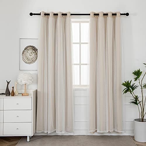 INLINAS Blackout Curtains with Sheer Overlay, Beige, 52x108 Inches