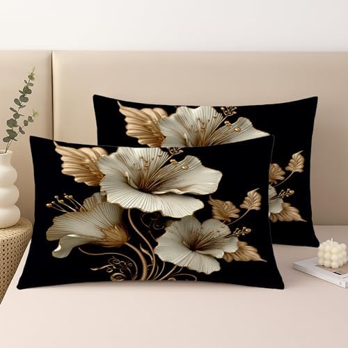 Elegant Floral Pillow Covers Set of 2, Cream and Gold Flower Design