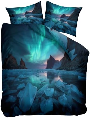 California King Duvet Cover Set Northern Lights Mountain Rocks Soft