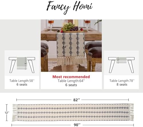 Fancy Homi Grey Boho Cotton Polyester Table Runner 90 Inches Long