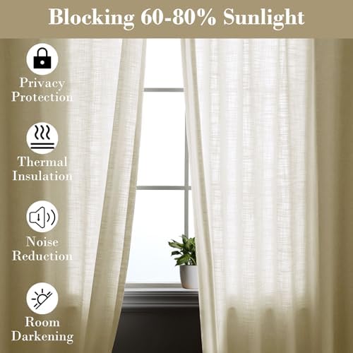 cololeaf Linen Curtains Extra Long 120 inches Natural Linen Textured