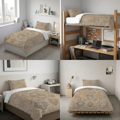 Beige Grey Boho Duvet Cover Queen Size,Quilt Cover 90"x90" with Zipper