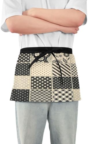 Black Beige Checkered Patchwork Server Aprons with 3 Pockets, Water
