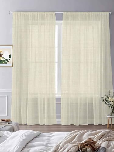 Beige Sheer Curtains 108 Inch Length 2 Panels, Modern Minimalist Linen