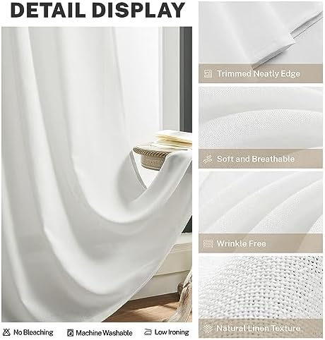 White Linen Curtains 63 Inch Length for Living Room 2 Panels Back Tab