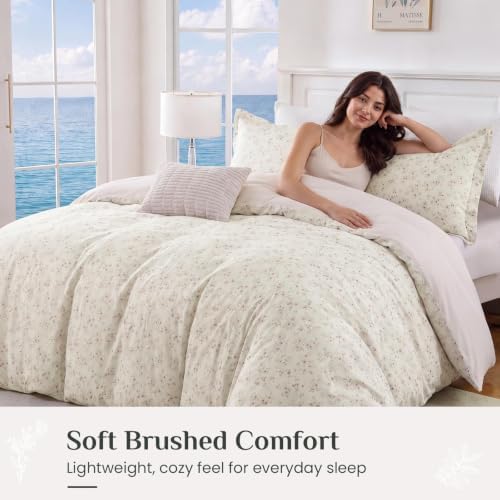 JOLLYVOGUE Floral Duvet Cover Queen, 3Pcs Reversible Beige Duvet Cover