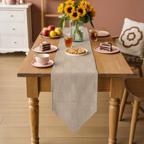 Beige Gingham Table Runner 108 inches Long Country Vintage Minimalist