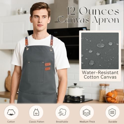 Chef Aprons for Men Women with Large Pockets, Cotton Canvas Water