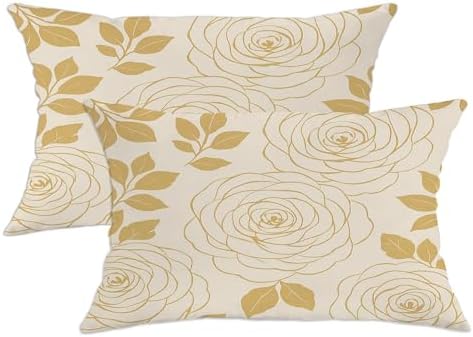 Rose Floral Throw Pillow Covers Set of 2, Cream Gold Flower Decorative