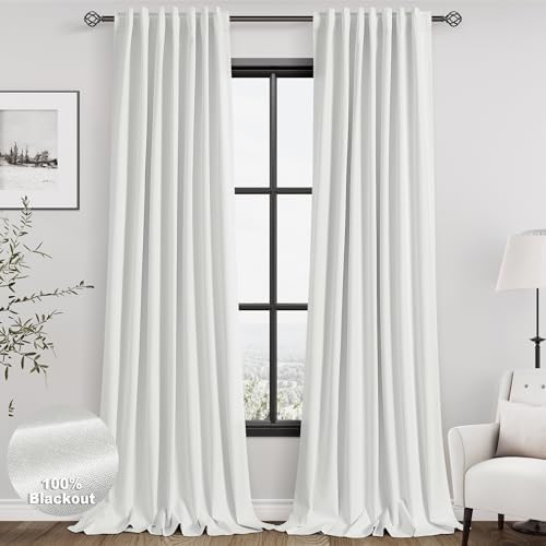 Off White 100% Blackout Linen Curtains for Bedroom 108 Inches Long